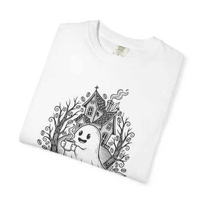 "Freshly Boo'd w/ Sugar & Scream" Cute Coffee Ghost Haunted House T-Shirt