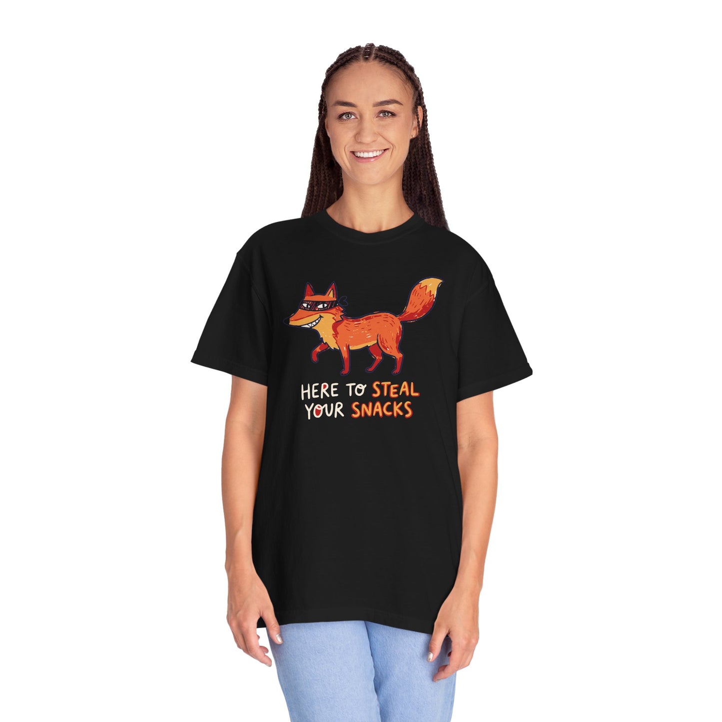 "Here to Steal Your Snacks" Graphic T-Shirt — Cute Snack Thief Fox Tee
