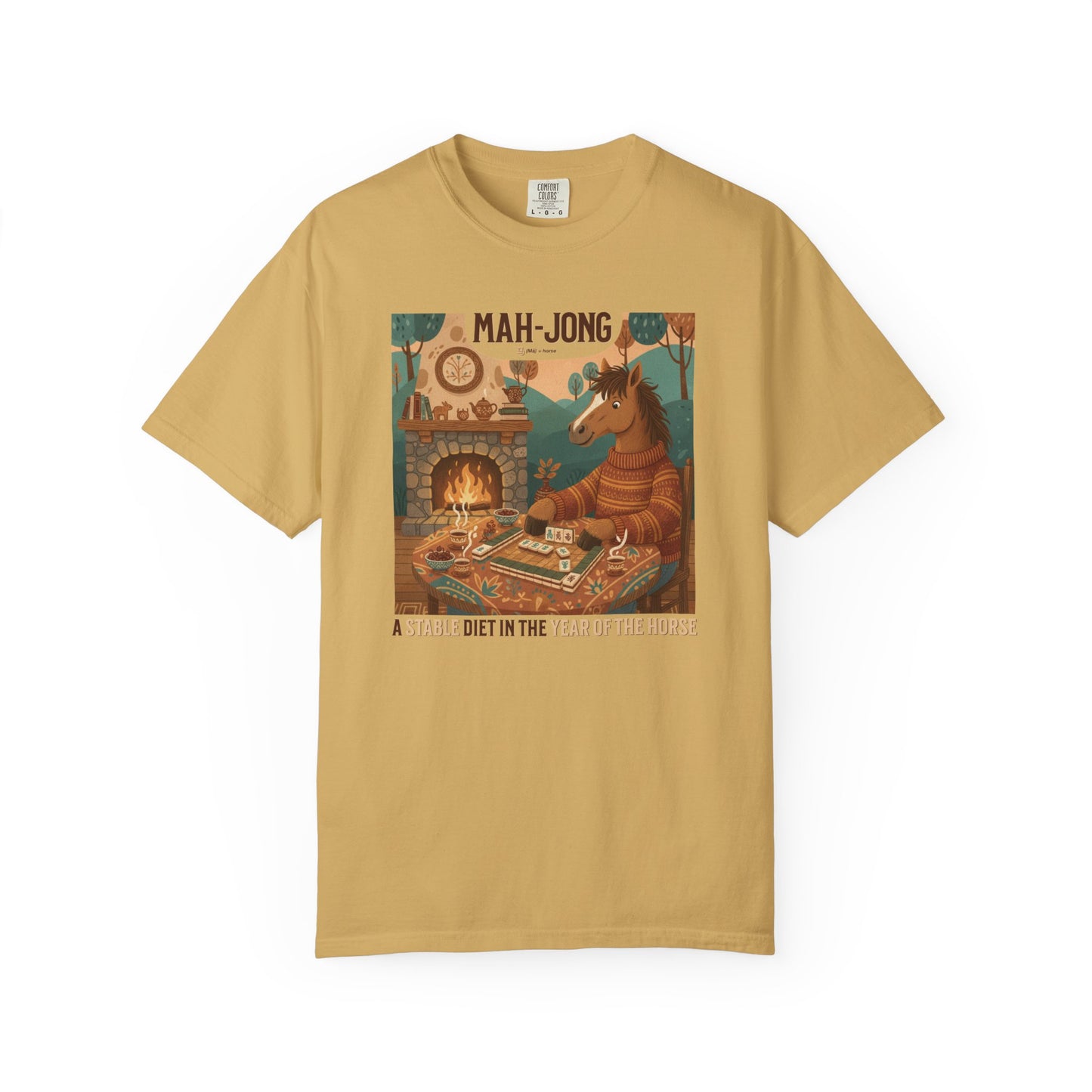 “Mah-Jong: A Stable Diet in the Year of the Horse” T-Shirt — Retro Cozy Mahjong Horse Design