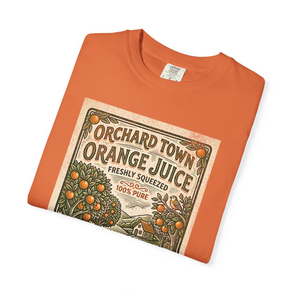 Orchard Town Orange Juice T-Shirt - Vintage Linocut Graphic Tee