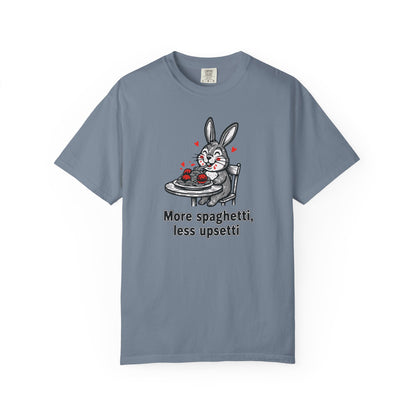 More Spaghetti Less Upsetti T-Shirt — Cute Bunny Pasta Graphic Tee