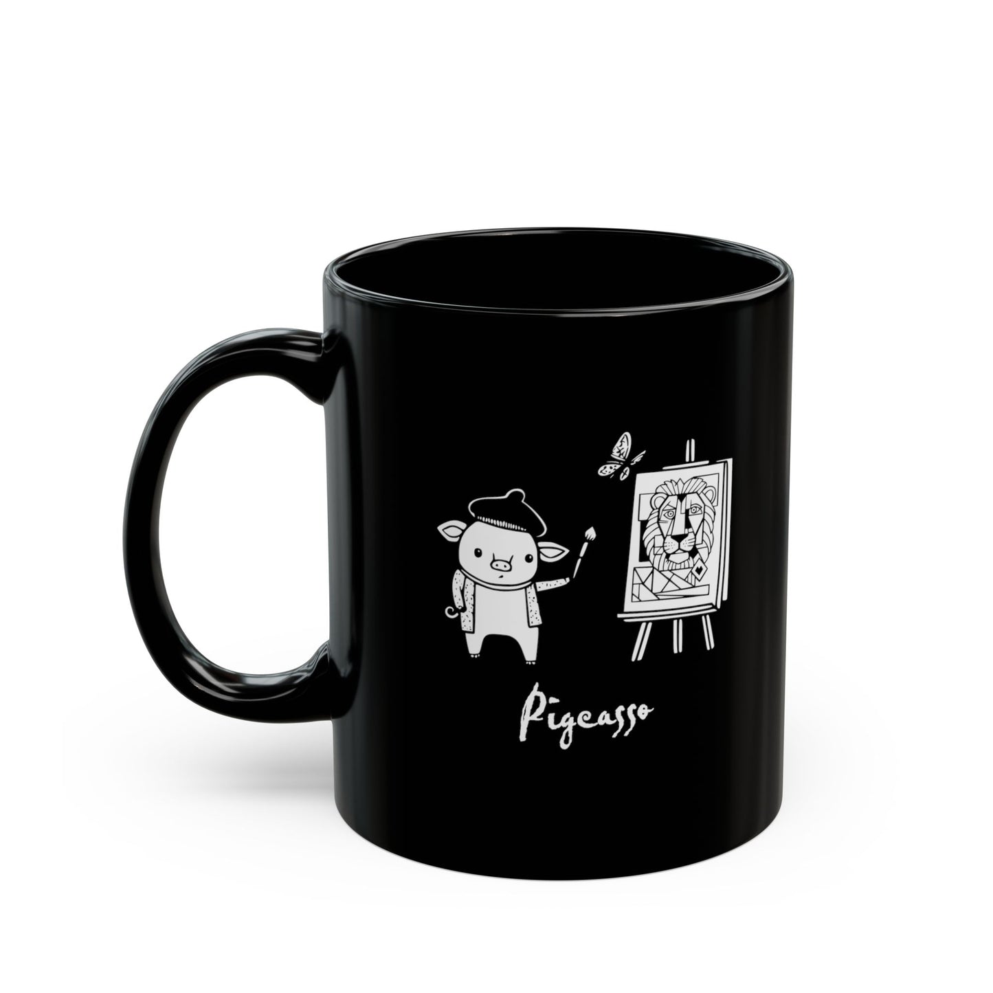 'Pigcasso' Pig Artist Black Ceramic Mug — Cute Art Lover Coffee Cup (11oz, 15oz)