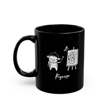 'Pigcasso' Pig Artist Black Ceramic Mug — Cute Art Lover Coffee Cup (11oz, 15oz)