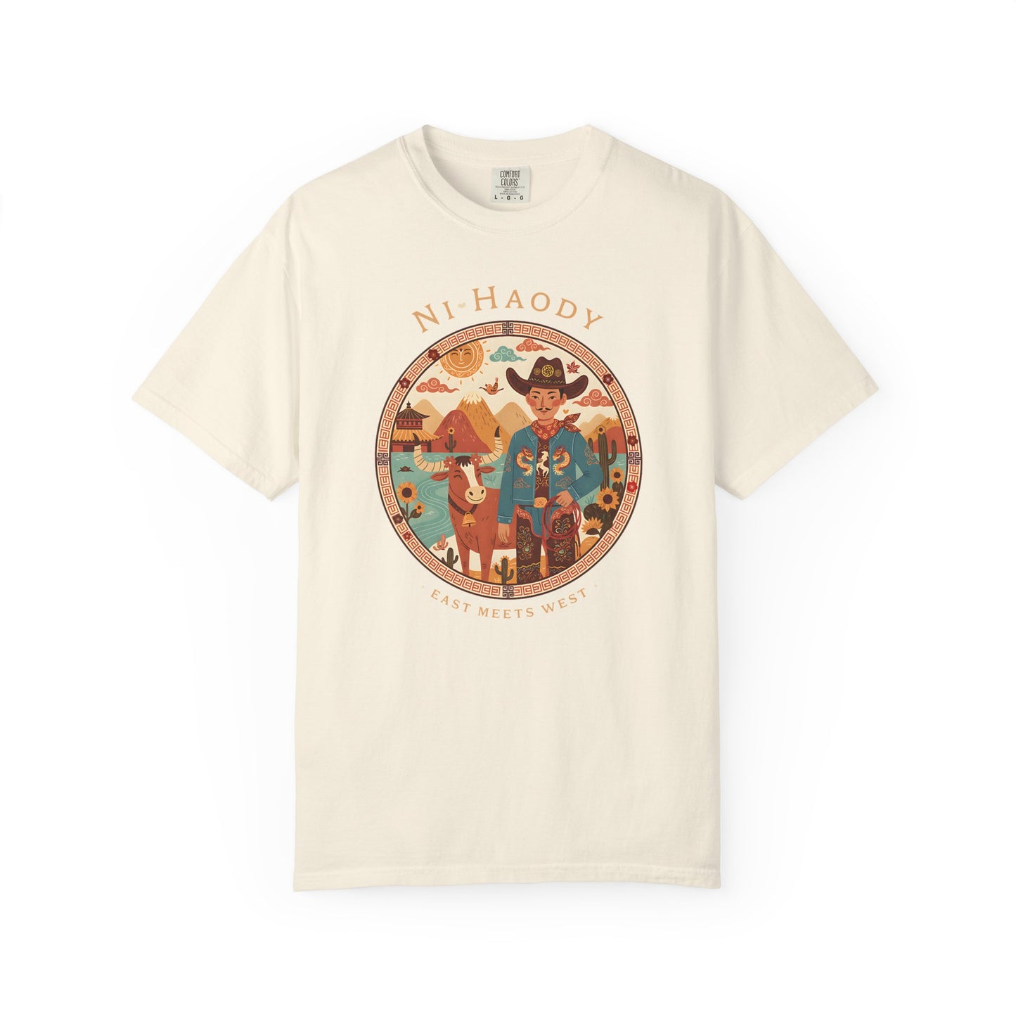 "Ni-Haody. Easts Meets West" Asian Cowboy Camp Graphic T-Shirt — Western Illustration Tee
