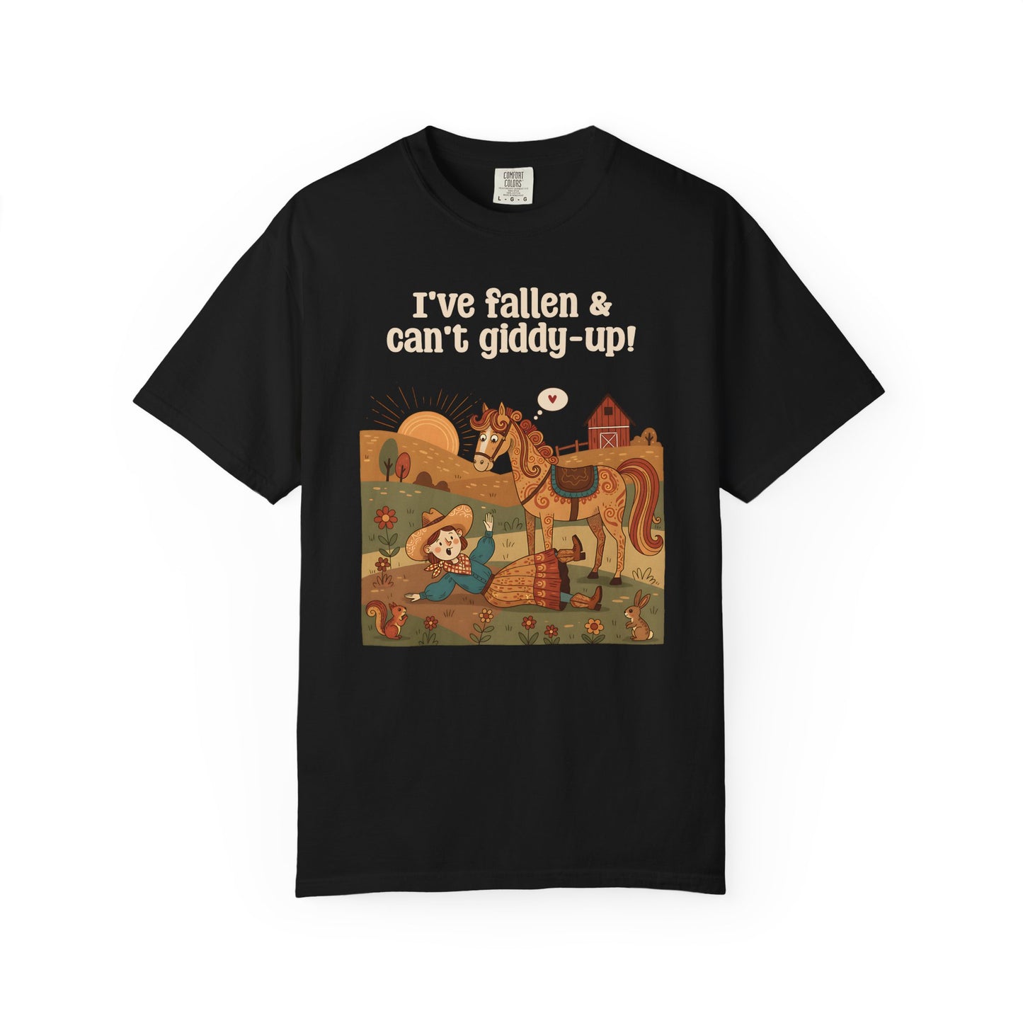 "I've Fallen & Can't Giddy-Up!" T-Shirt — Funny Western Cowgirl Horse Graphic Tee