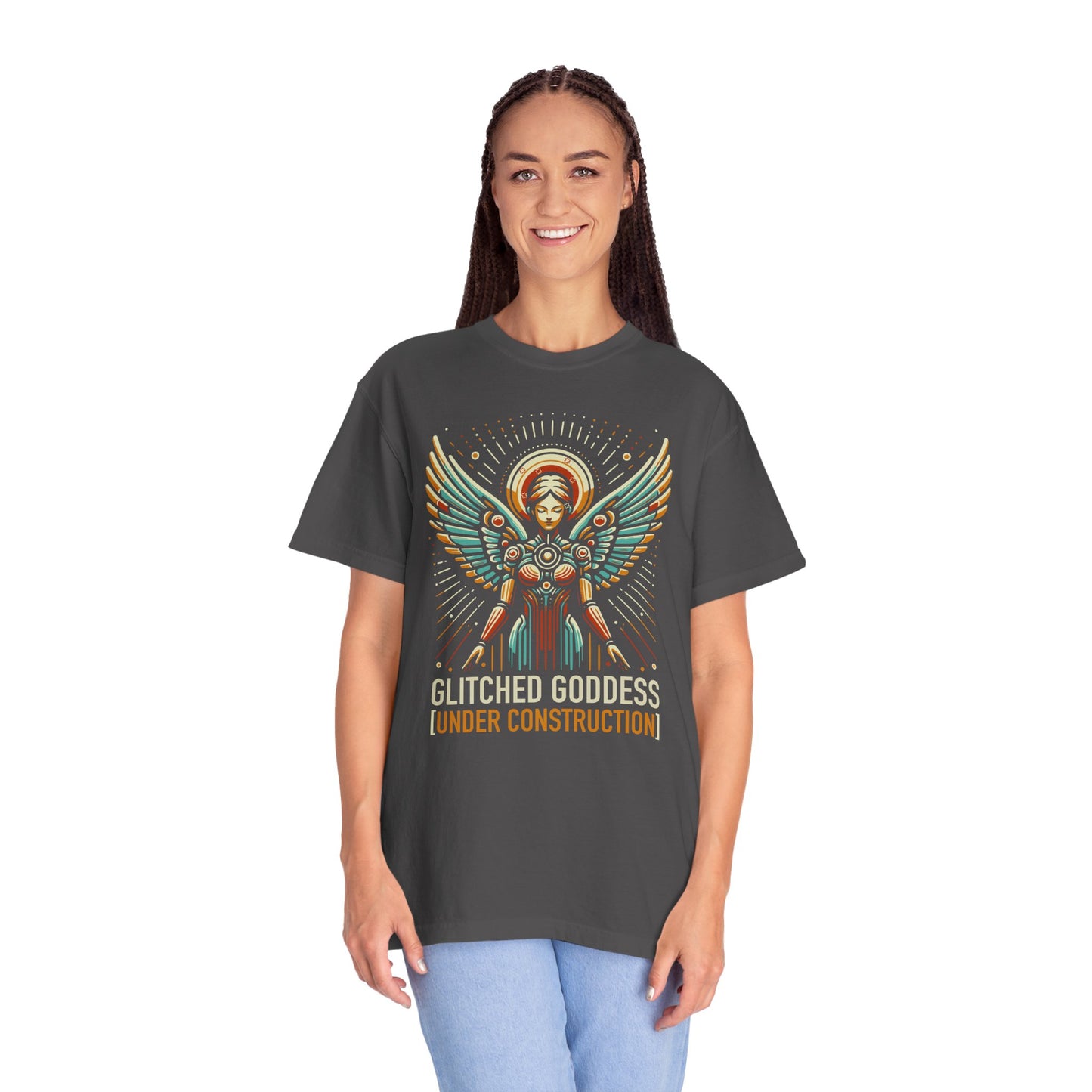 "Glitched Goddess (Under Construction)" T-Shirt — Unhinged Attitude Retro Sci‑Fi Graphic Tee