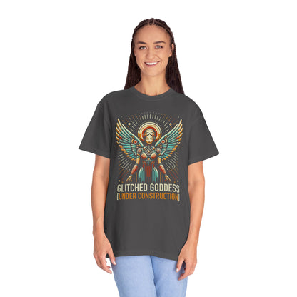 "Glitched Goddess (Under Construction)" T-Shirt — Unhinged Attitude Retro Sci‑Fi Graphic Tee