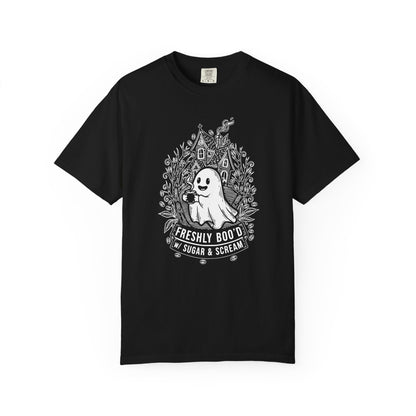 "Freshly Boo'd w/ Sugar & Scream" Cute Coffee Ghost Haunted House T-Shirt