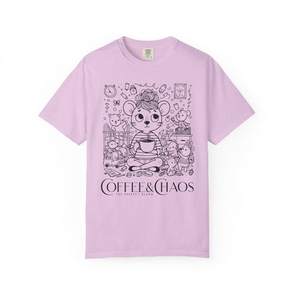 "Coffee & Chaos: The Perfect Blend" T-Shirt — Cute Kawaii Mouse Coffee Lover Tee