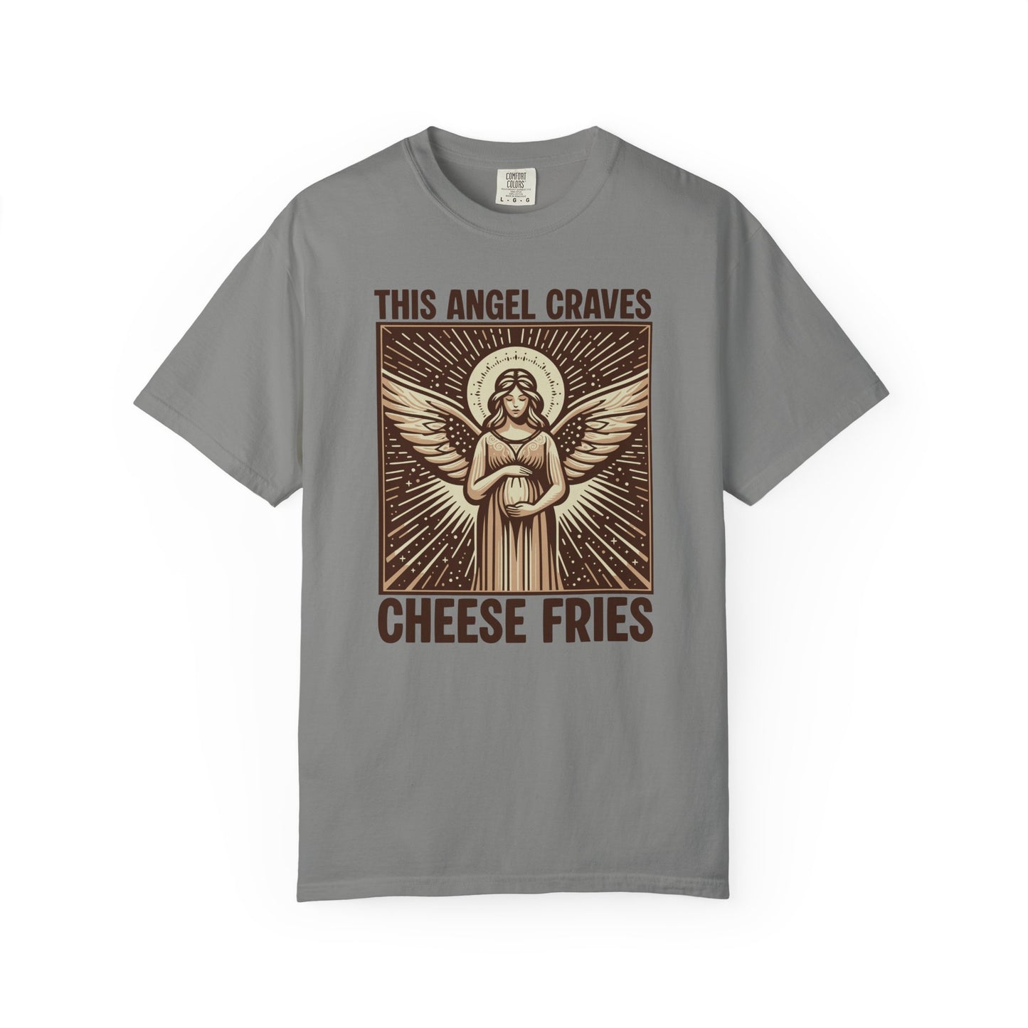 "This Angel Craves Cheese Fries" T-Shirt — Vintage Pregnant Angel Graphic Tee