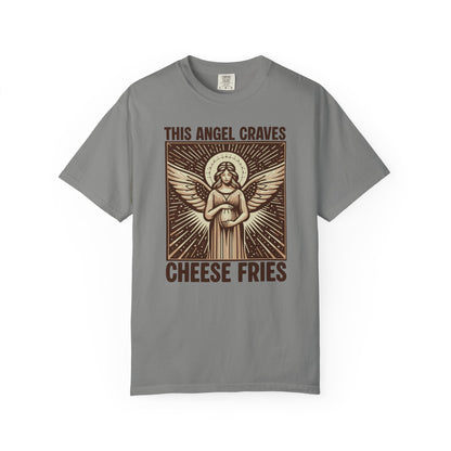 "This Angel Craves Cheese Fries" T-Shirt — Vintage Pregnant Angel Graphic Tee