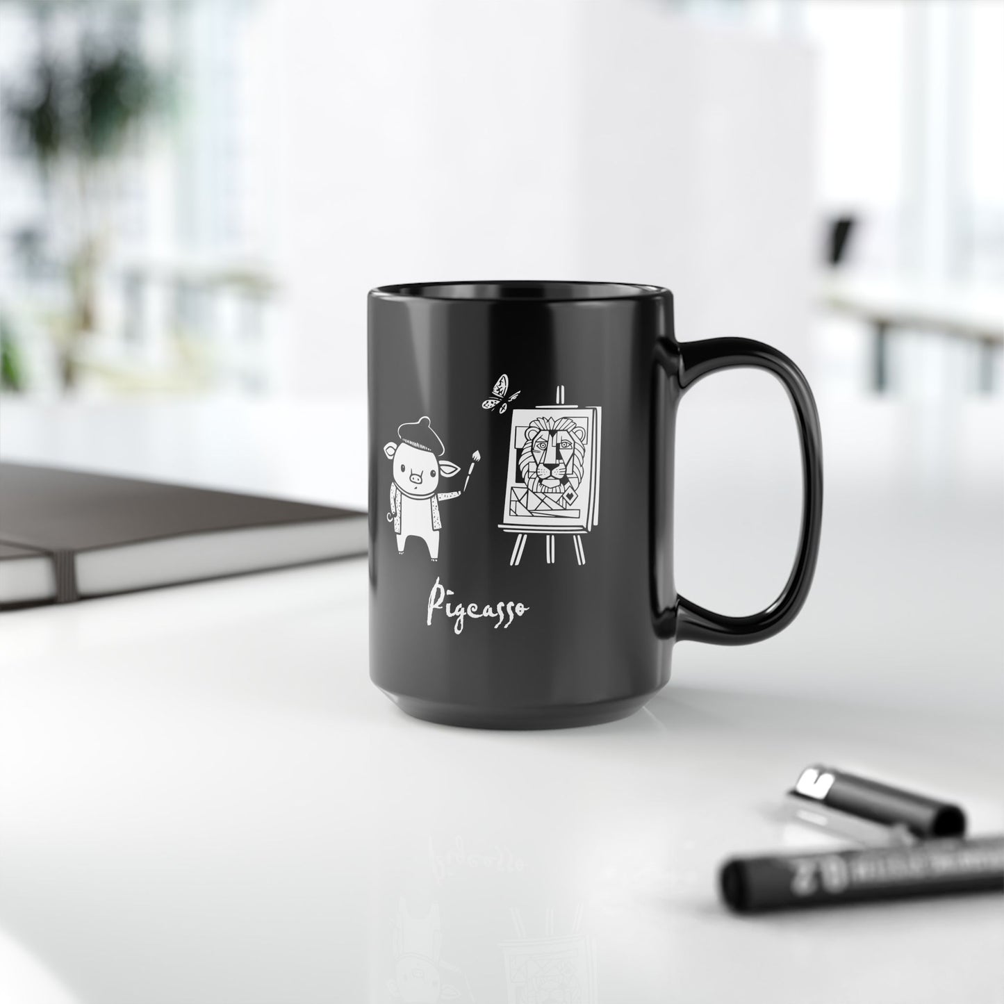 'Pigcasso' Pig Artist Black Ceramic Mug — Cute Art Lover Coffee Cup (11oz, 15oz)