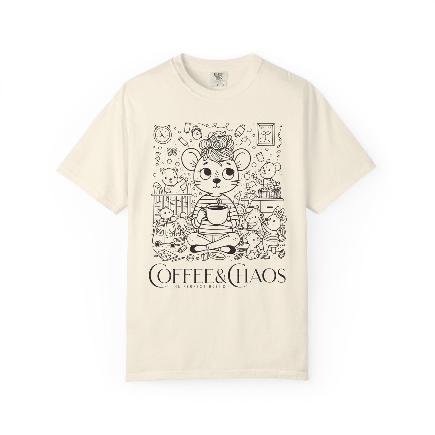 "Coffee & Chaos: The Perfect Blend" T-Shirt — Cute Kawaii Mouse Coffee Lover Tee