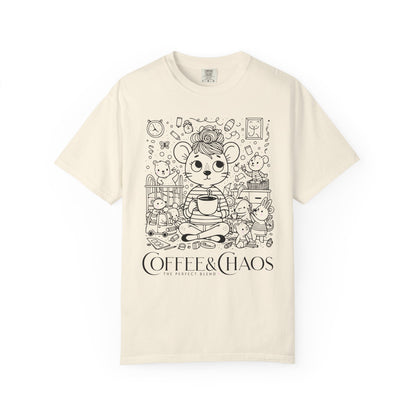 "Coffee & Chaos: The Perfect Blend" T-Shirt — Cute Kawaii Mouse Coffee Lover Tee