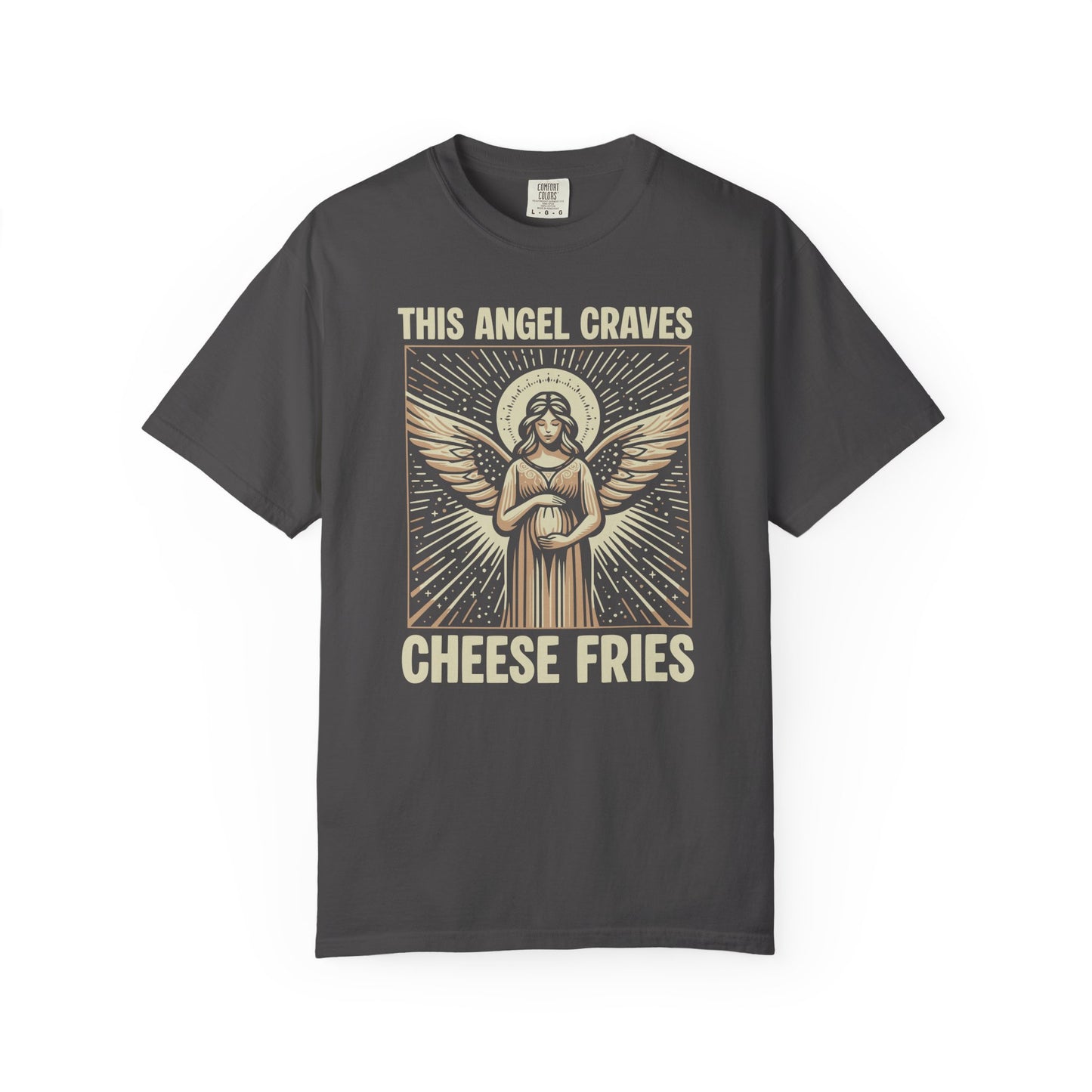 "This Angel Craves Cheese Fries" T-Shirt — Vintage Pregnant Angel Graphic Tee