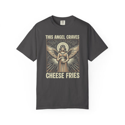 "This Angel Craves Cheese Fries" T-Shirt — Vintage Pregnant Angel Graphic Tee