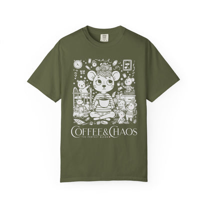 "Coffee & Chaos: The Perfect Blend" T-Shirt — Cute Kawaii Mouse Coffee Lover Tee