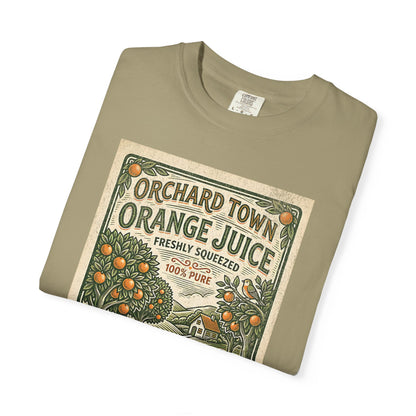 Orchard Town Orange Juice T-Shirt - Vintage Linocut Graphic Tee