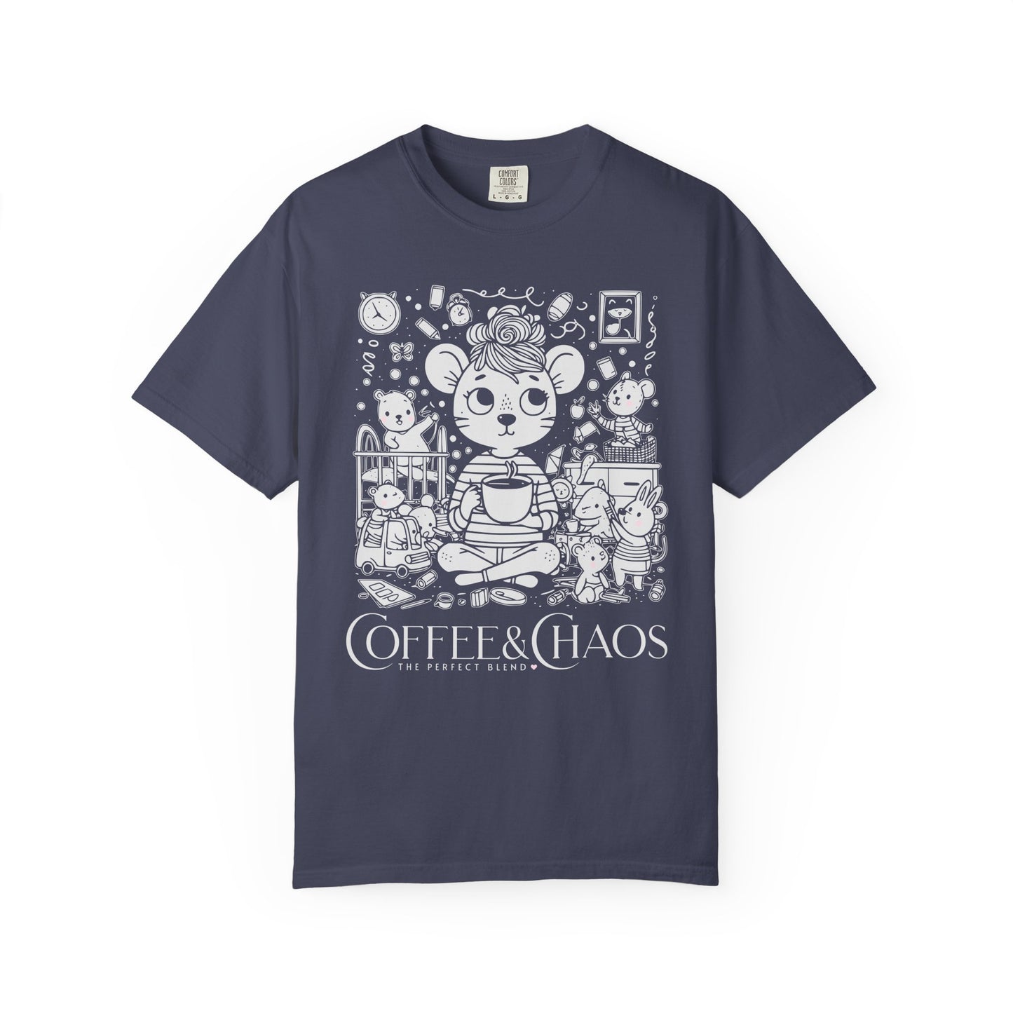 "Coffee & Chaos: The Perfect Blend" T-Shirt — Cute Kawaii Mouse Coffee Lover Tee