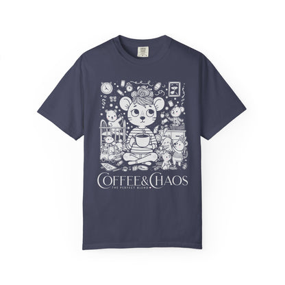 "Coffee & Chaos: The Perfect Blend" T-Shirt — Cute Kawaii Mouse Coffee Lover Tee