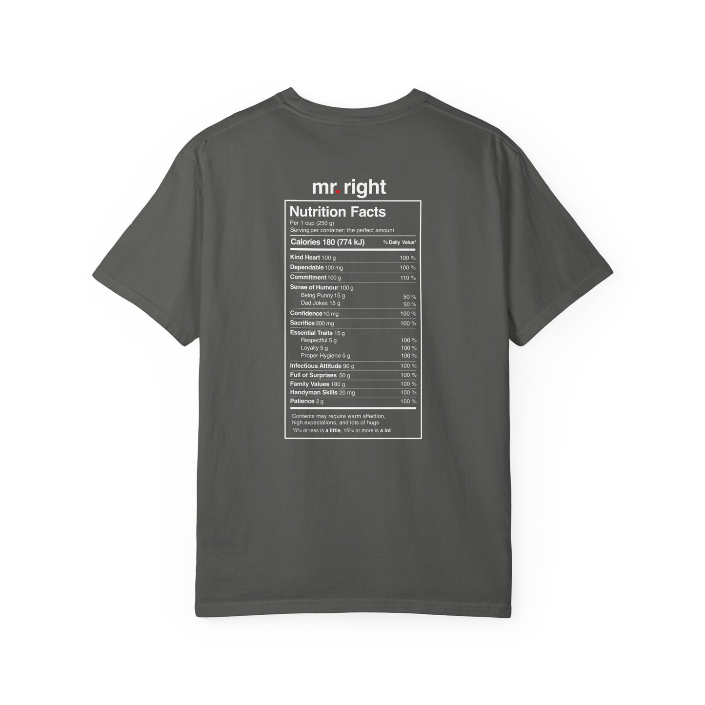 Mr. Right Couples Tee — "mr. right" Front Text with Nutrition Facts Back Graphic T-Shirt