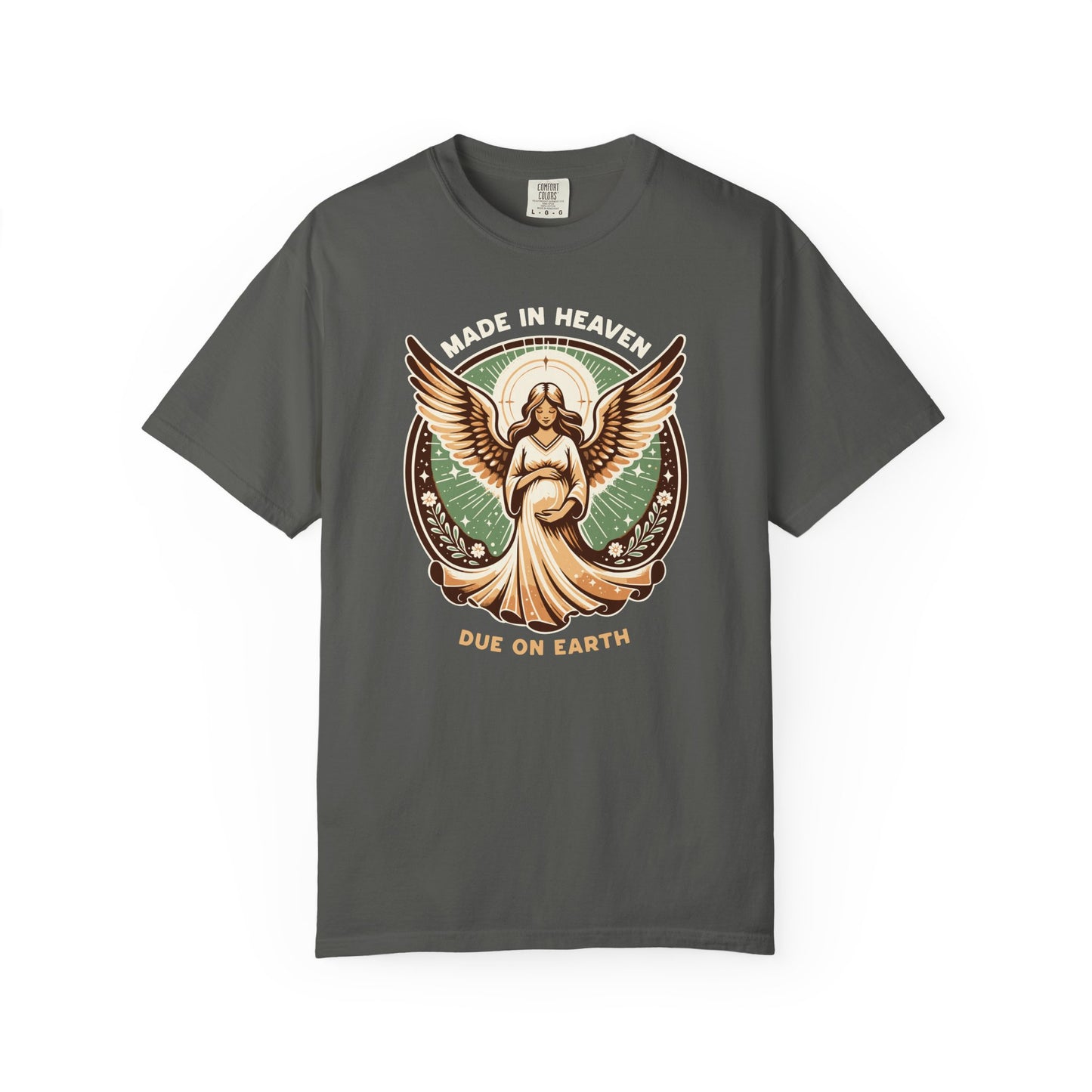 "Made in Heaven, Due on Earth" Angel Graphic T-Shirt — Vintage Expecting Mother Tee