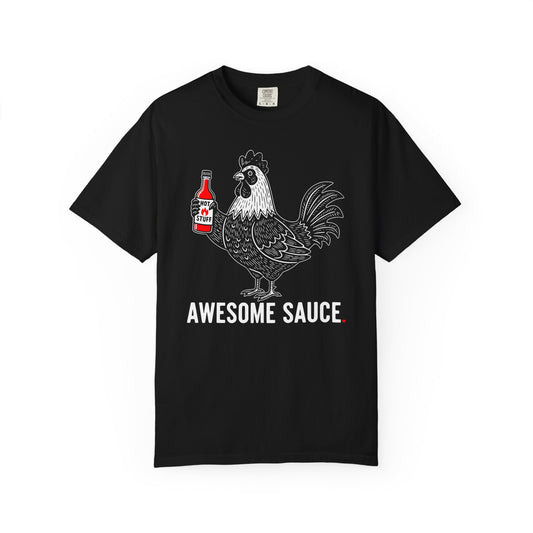 "Awesome Sauce" Hot Stuff T-Shirt - Funny Rooster Vintage Linocut Graphic Tee