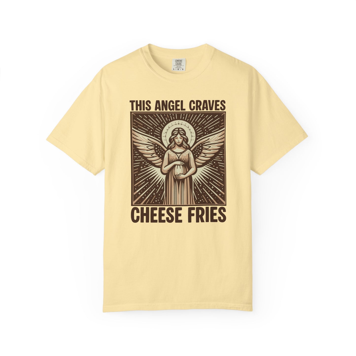 "This Angel Craves Cheese Fries" T-Shirt — Vintage Pregnant Angel Graphic Tee