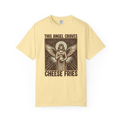 "This Angel Craves Cheese Fries" T-Shirt — Vintage Pregnant Angel Graphic Tee