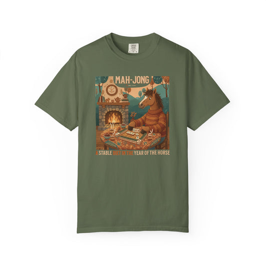 “Mah-Jong: A Stable Diet in the Year of the Horse” T-Shirt — Retro Cozy Mahjong Horse Design