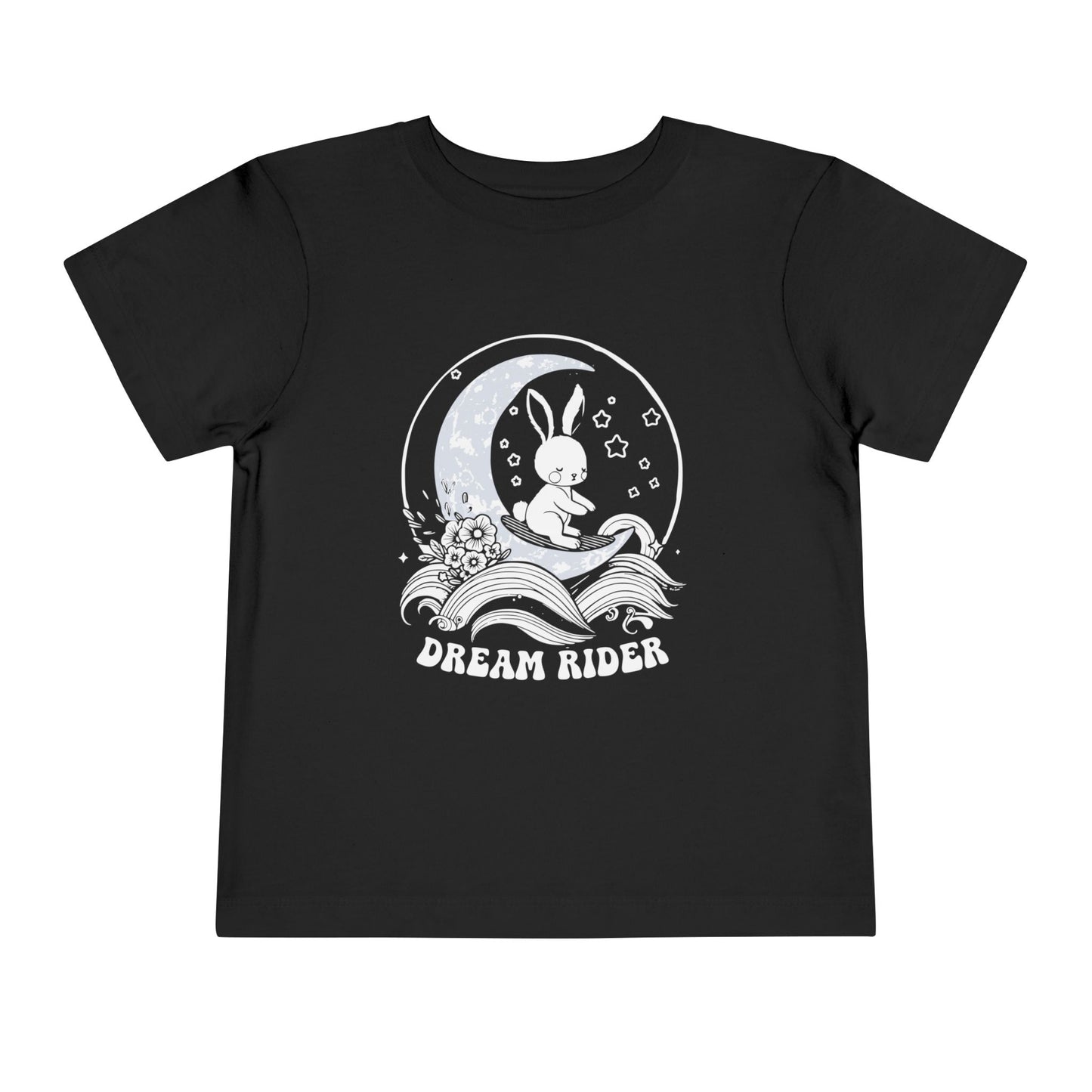"Dream Rider" Toddler Tee — Sleepy Bunny Moon Surfer Graphic T-Shirt