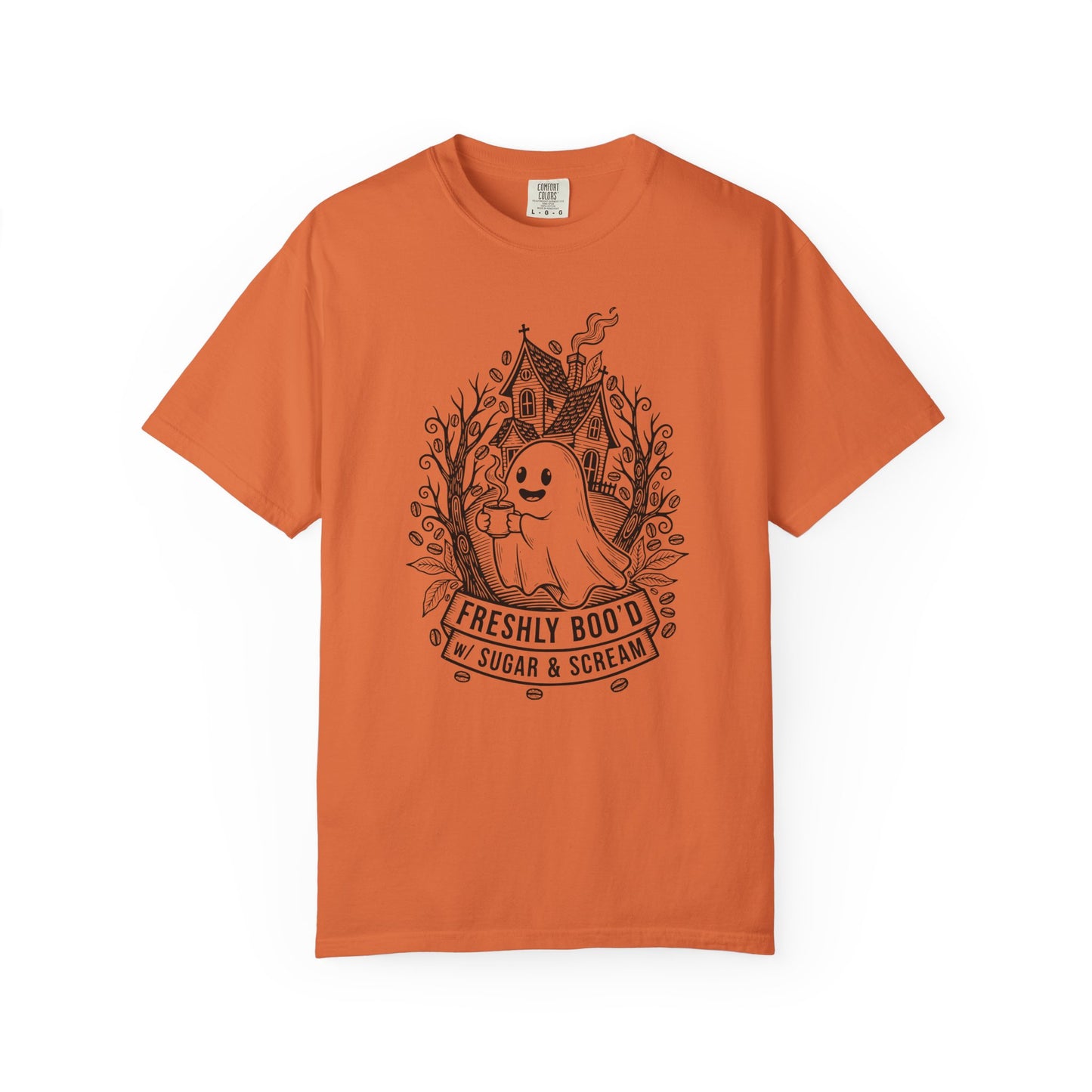 "Freshly Boo'd w/ Sugar & Scream" Cute Coffee Ghost Haunted House T-Shirt