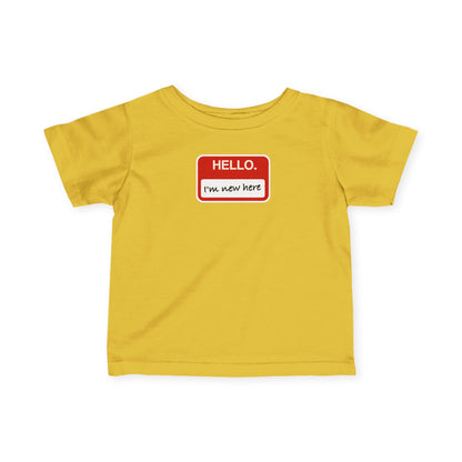 "Hello ❤︎ I'm New Here" Infant Tee — Name Tag Baby Shirt