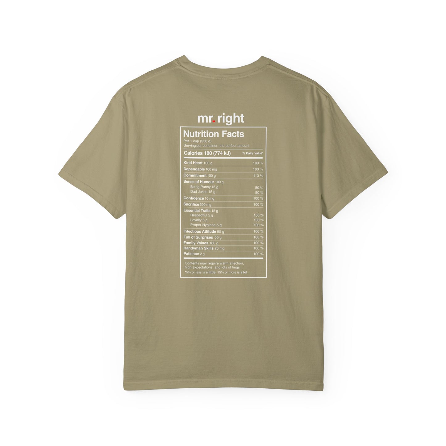 Mr. Right Couples Tee — "mr. right" Front Text with Nutrition Facts Back Graphic T-Shirt