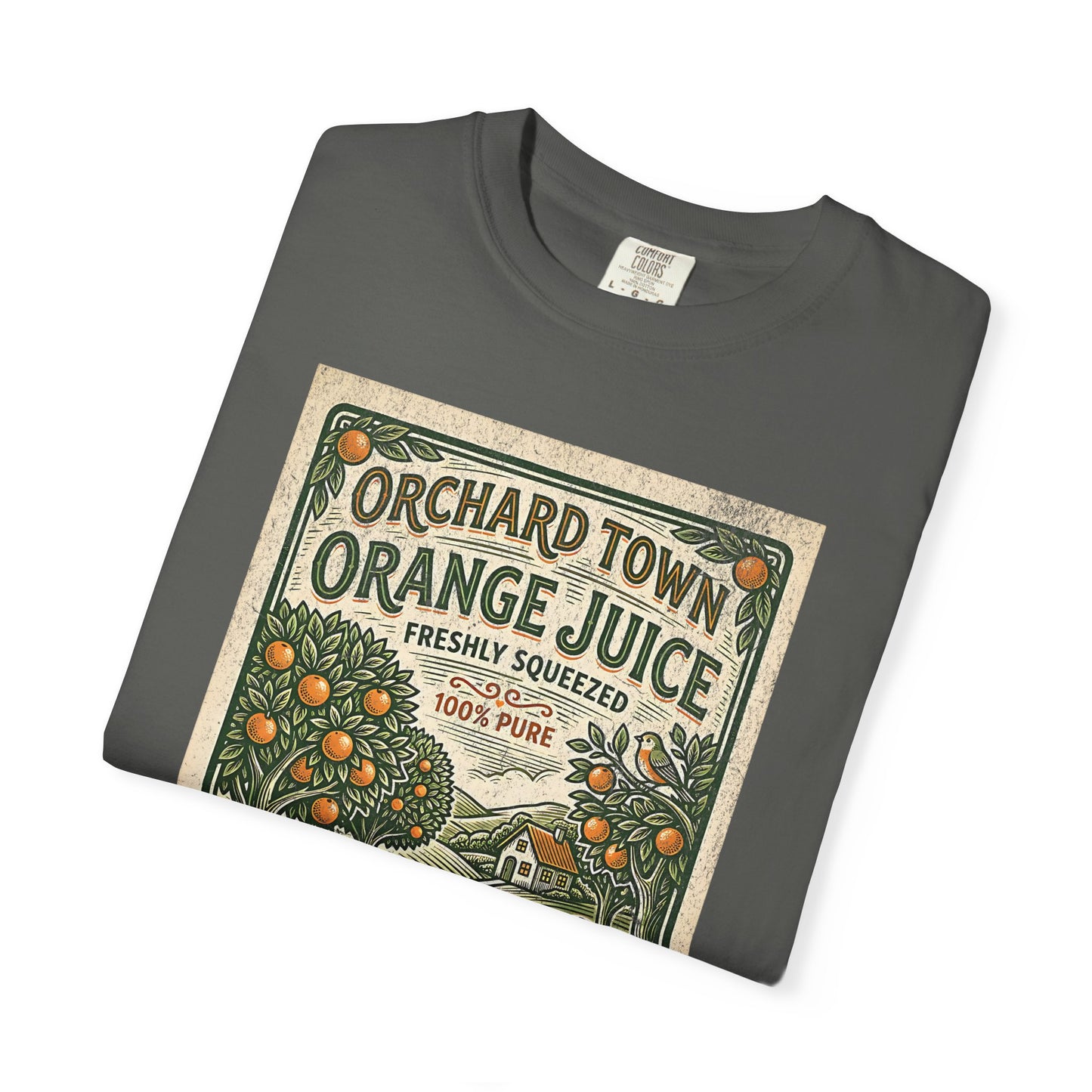 Orchard Town Orange Juice T-Shirt - Vintage Linocut Graphic Tee