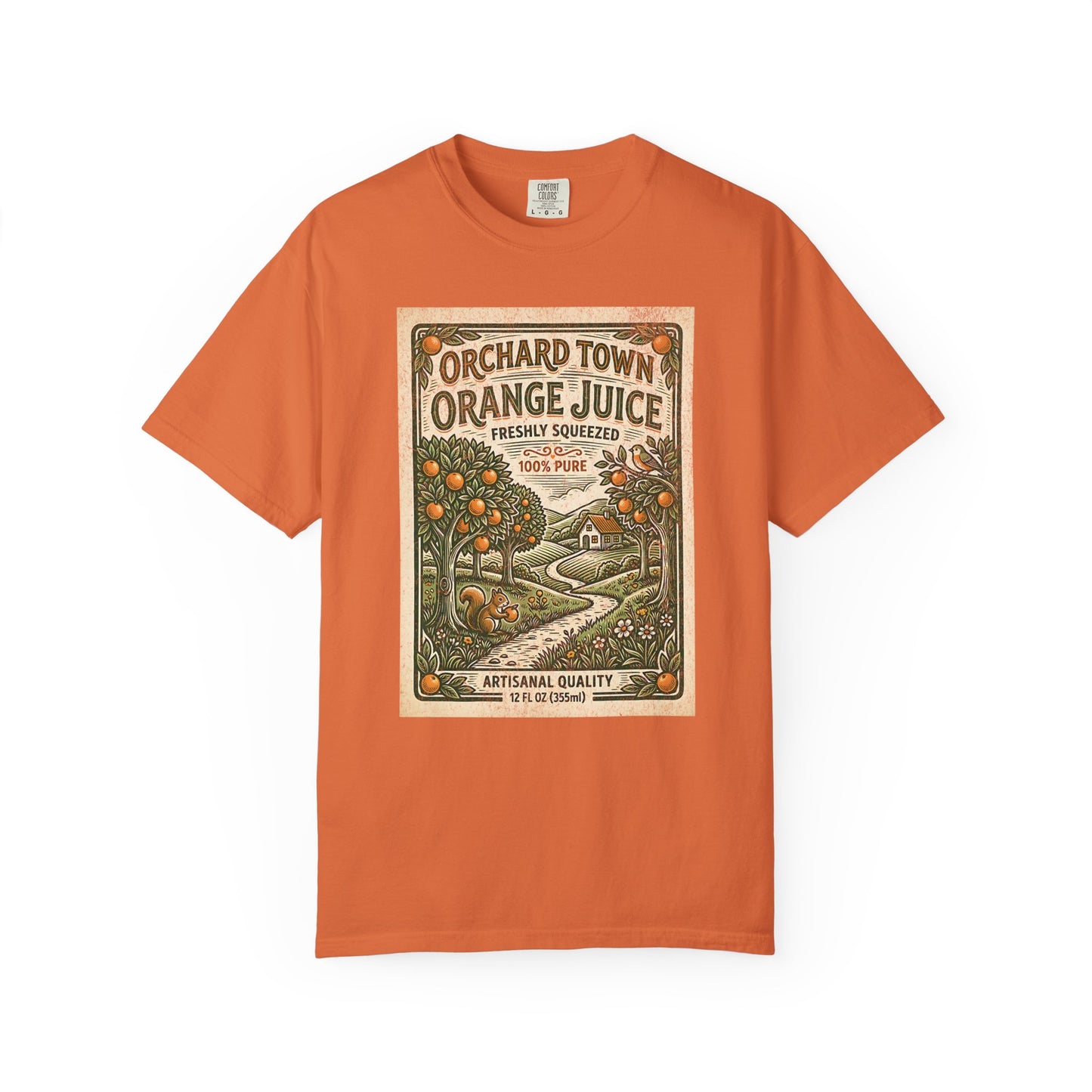 Orchard Town Orange Juice T-Shirt - Vintage Linocut Graphic Tee