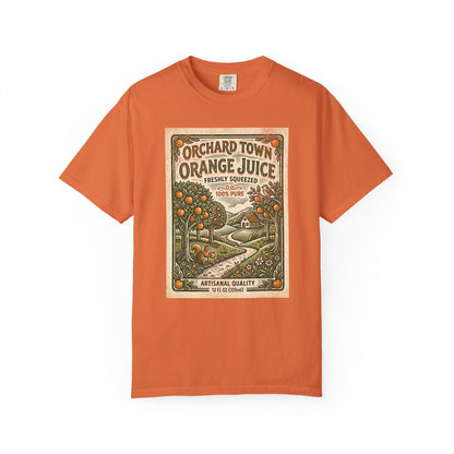 Orchard Town Orange Juice T-Shirt - Vintage Linocut Graphic Tee
