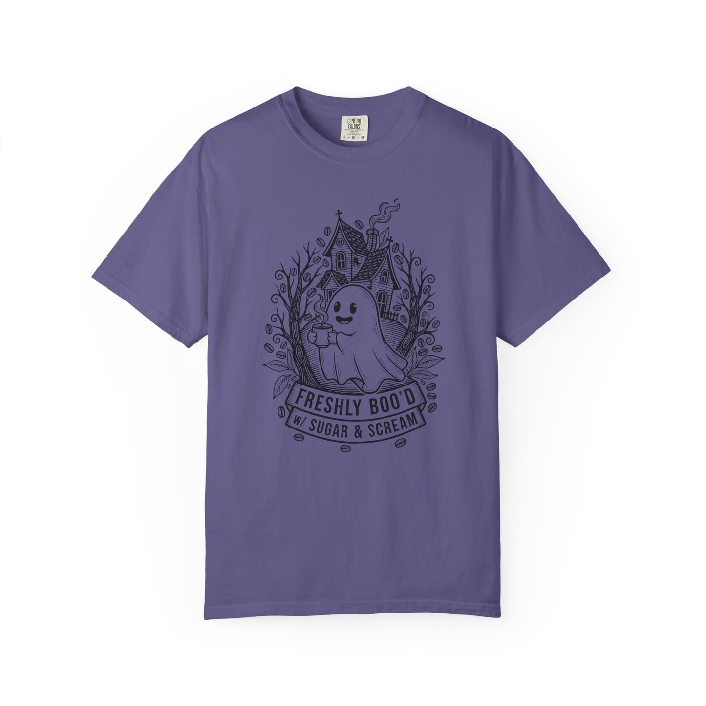 "Freshly Boo'd w/ Sugar & Scream" Cute Coffee Ghost Haunted House T-Shirt