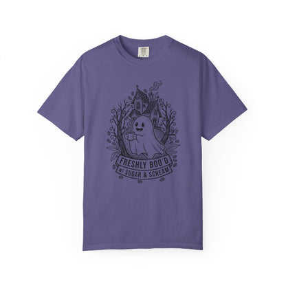 "Freshly Boo'd w/ Sugar & Scream" Cute Coffee Ghost Haunted House T-Shirt