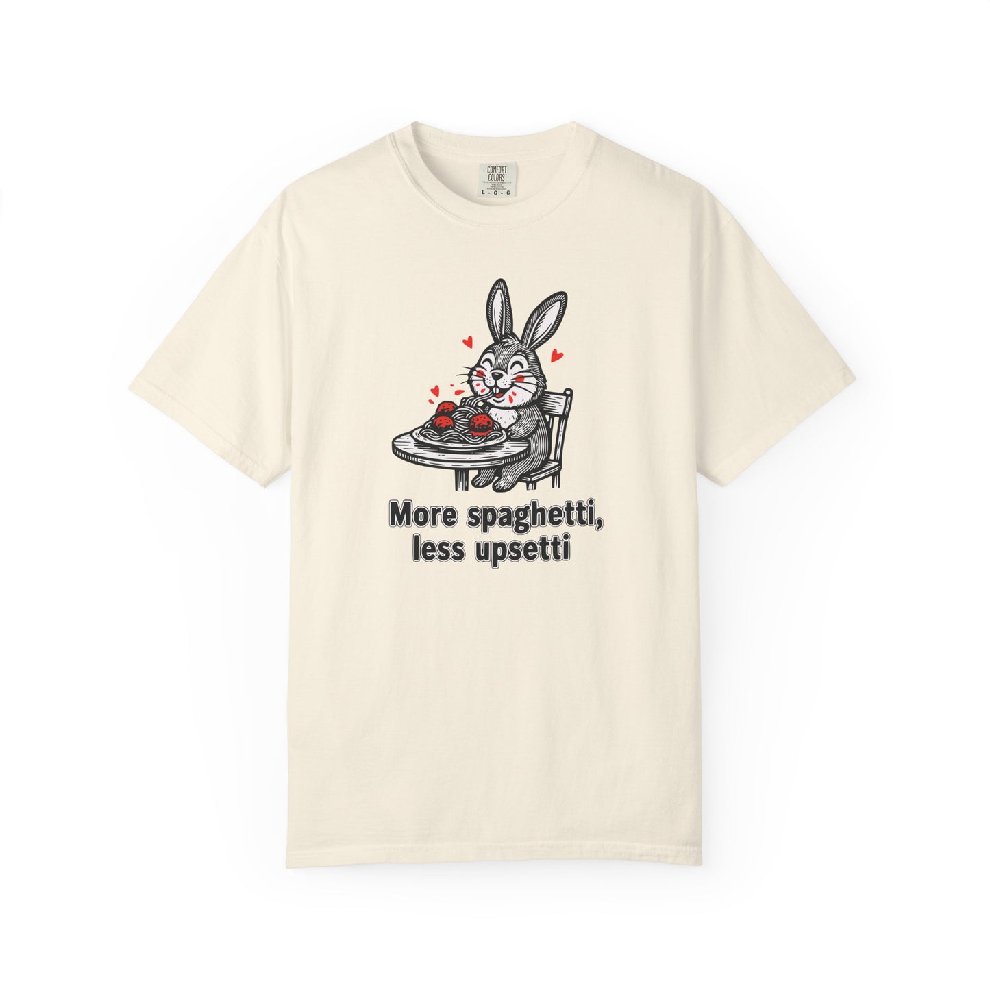 More Spaghetti Less Upsetti T-Shirt — Cute Bunny Pasta Graphic Tee