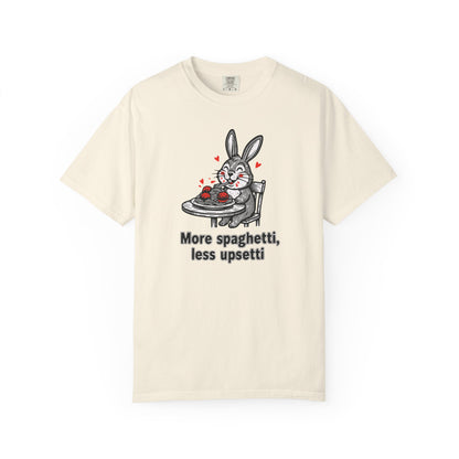 More Spaghetti Less Upsetti T-Shirt — Cute Bunny Pasta Graphic Tee