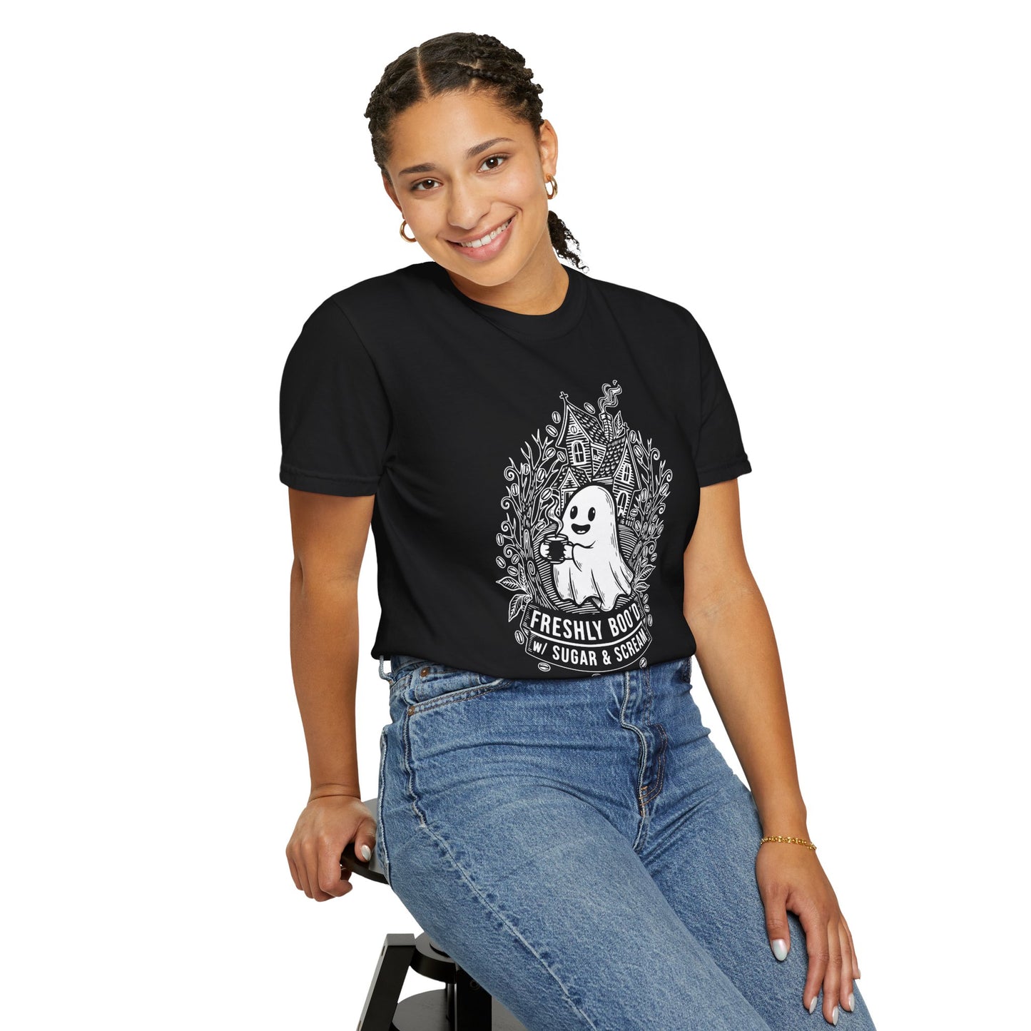"Freshly Boo'd w/ Sugar & Scream" Cute Coffee Ghost Haunted House T-Shirt