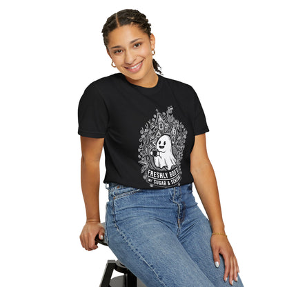 "Freshly Boo'd w/ Sugar & Scream" Cute Coffee Ghost Haunted House T-Shirt