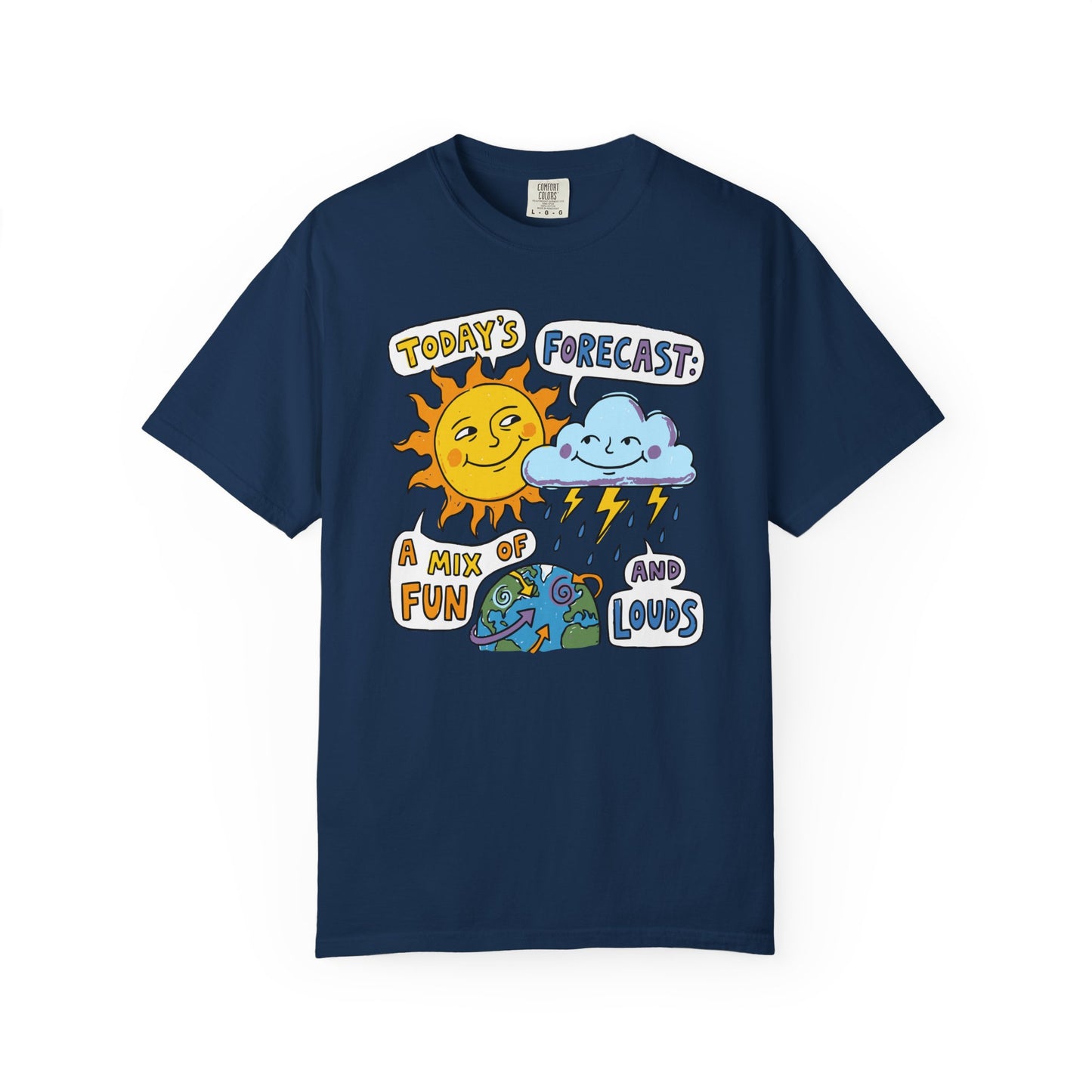 "Today's Forecast: A Mix of Fun and Louds" Tee — Playful Weather Cartoon T-Shirt