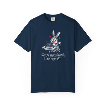 More Spaghetti Less Upsetti T-Shirt — Cute Bunny Pasta Graphic Tee