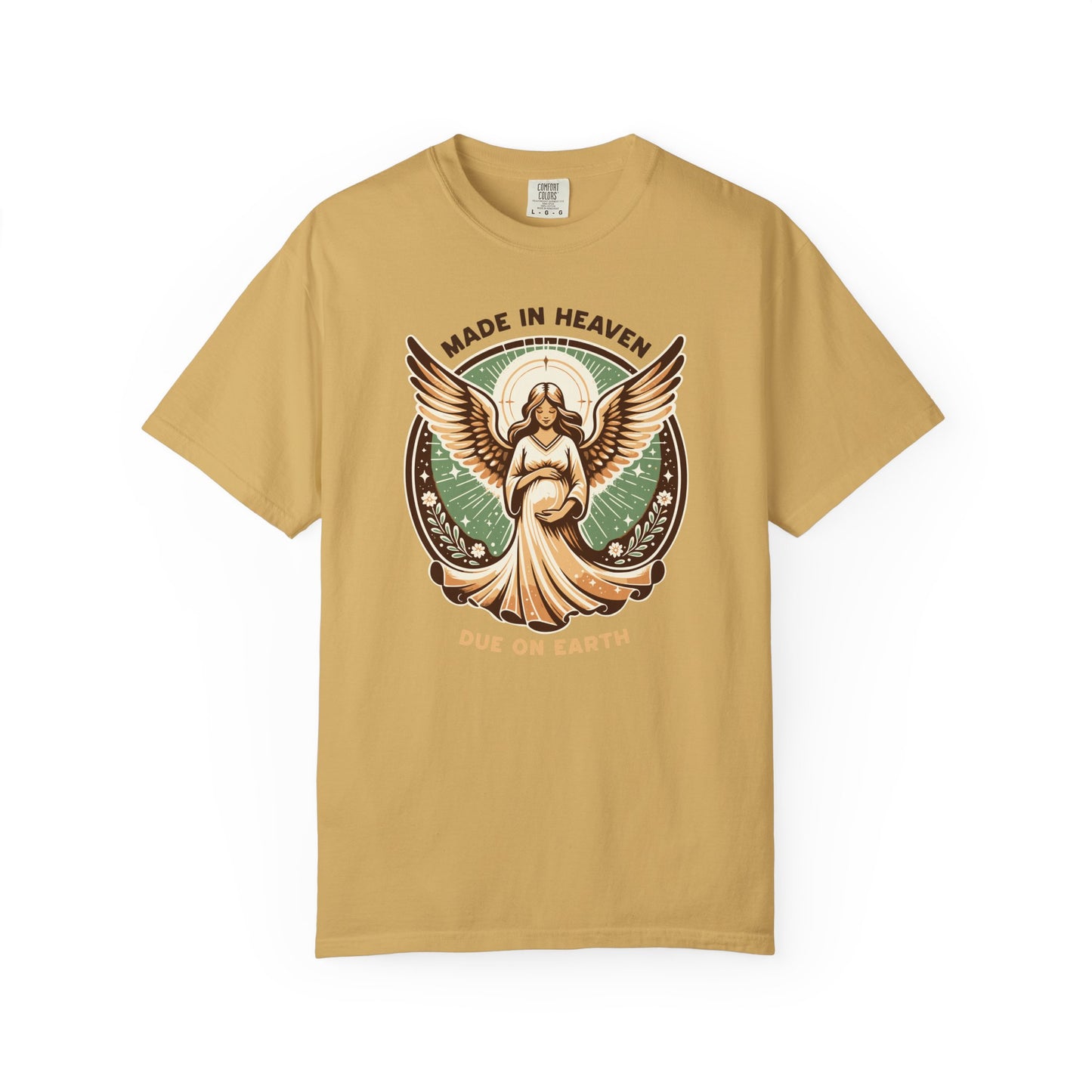 "Made in Heaven, Due on Earth" Angel Graphic T-Shirt — Vintage Expecting Mother Tee