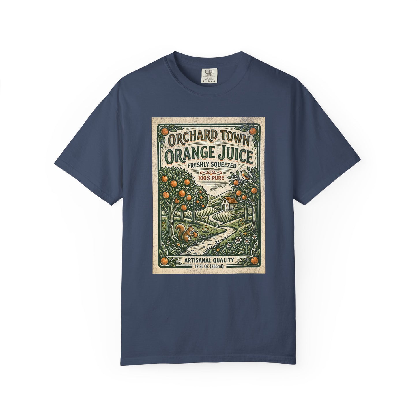 Orchard Town Orange Juice T-Shirt - Vintage Linocut Graphic Tee