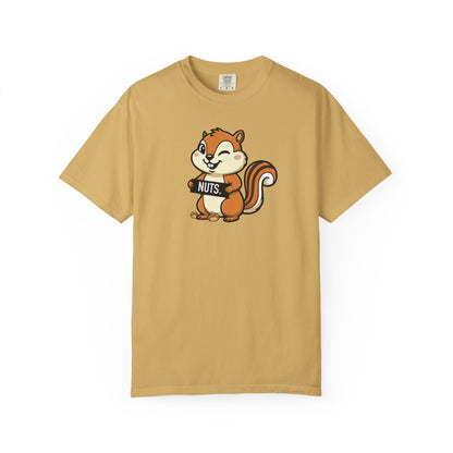 "Chestnuts: Nuts" Couples Tee - Chipmunk Holding 'NUTS' Funny Chestnut Graphic T-Shirt