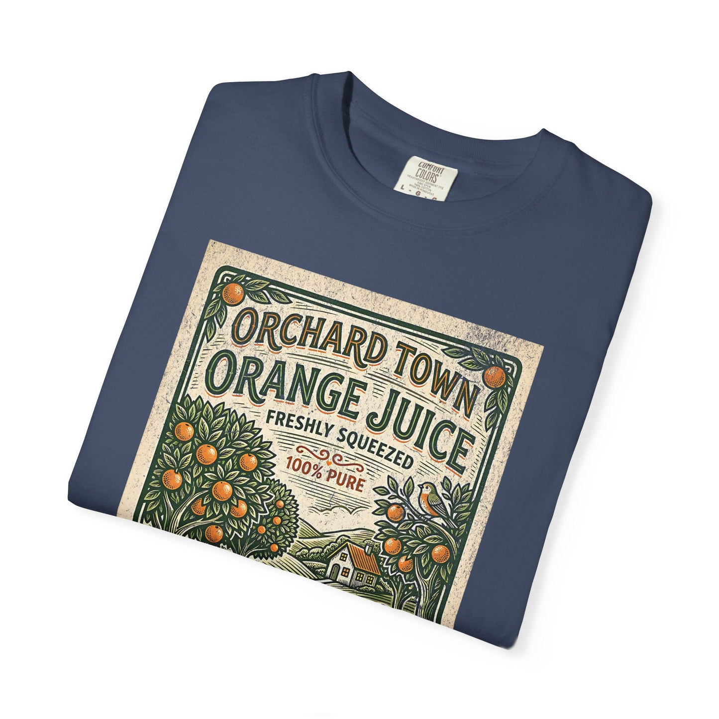 Orchard Town Orange Juice T-Shirt - Vintage Linocut Graphic Tee