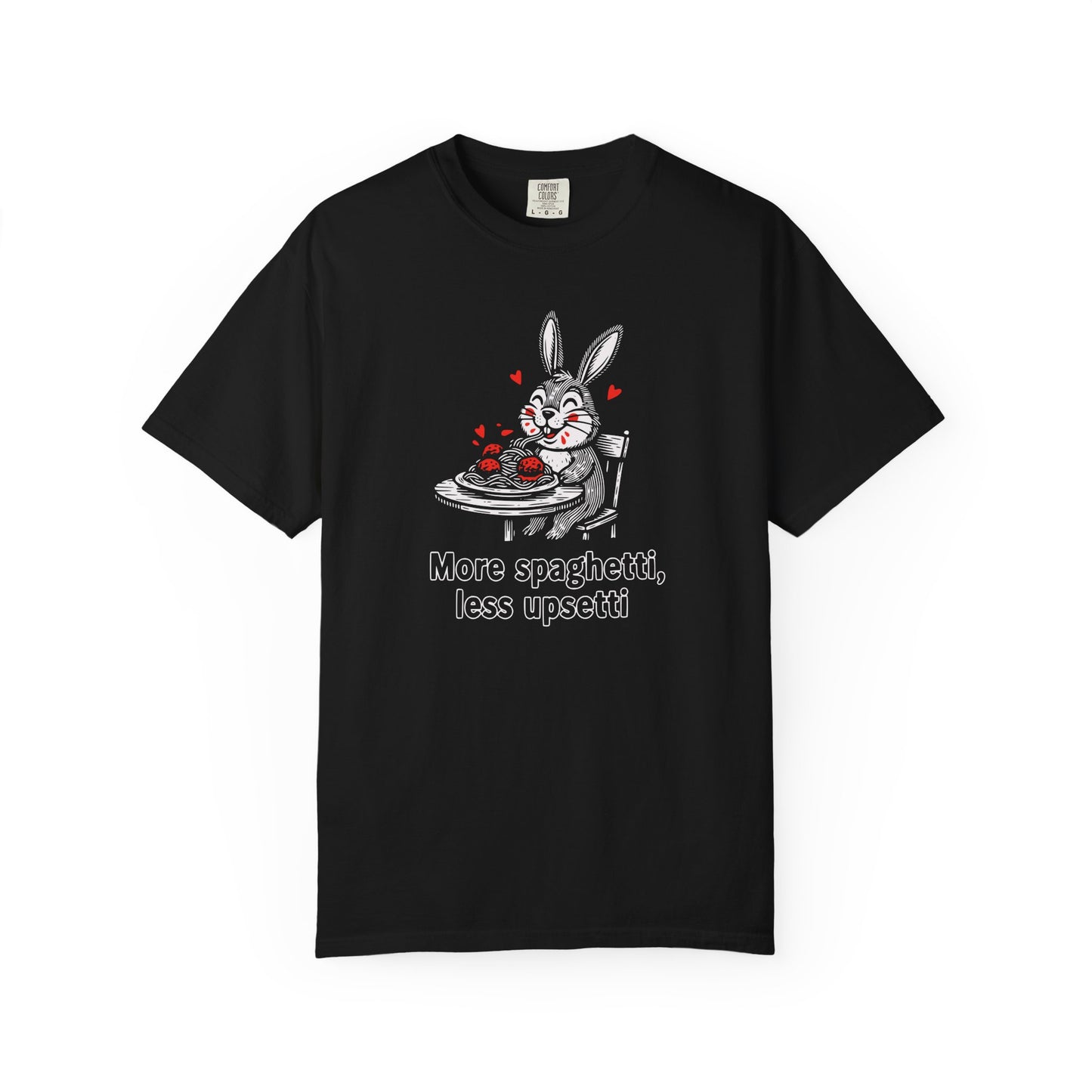 More Spaghetti Less Upsetti T-Shirt — Cute Bunny Pasta Graphic Tee